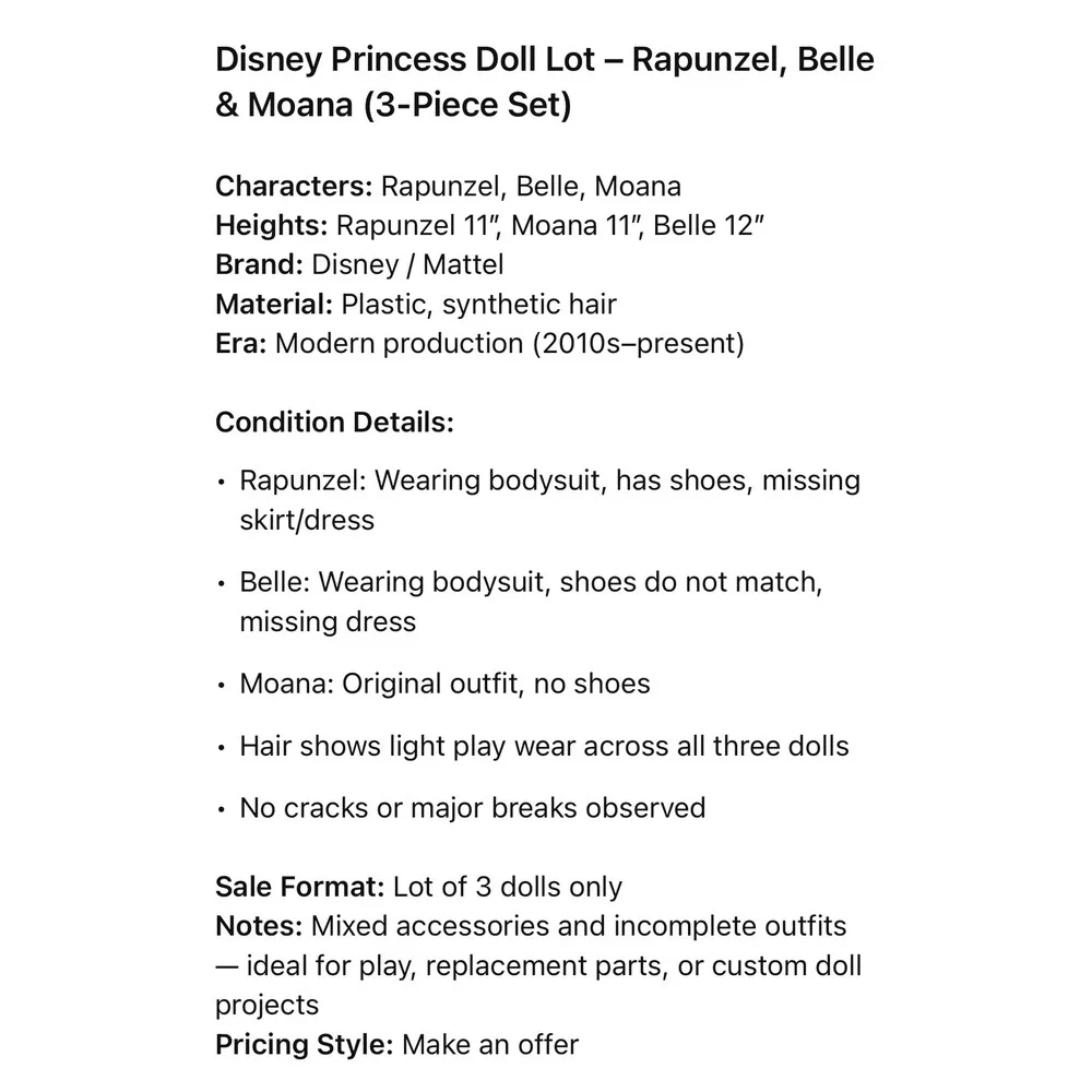 Disney Princess Doll Lot Rapunzel Belle Moana 3 Piece Set 11-12 Inch Dolls‎